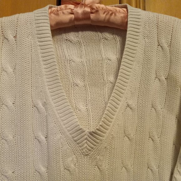 Vintage White Cable Knit Preppy V-Neck Sweater Size Large (T-331) - Picture 5 of 6
